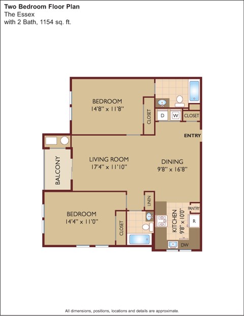 Floor plan for 2 beds, 2 baths, 1155 sqft